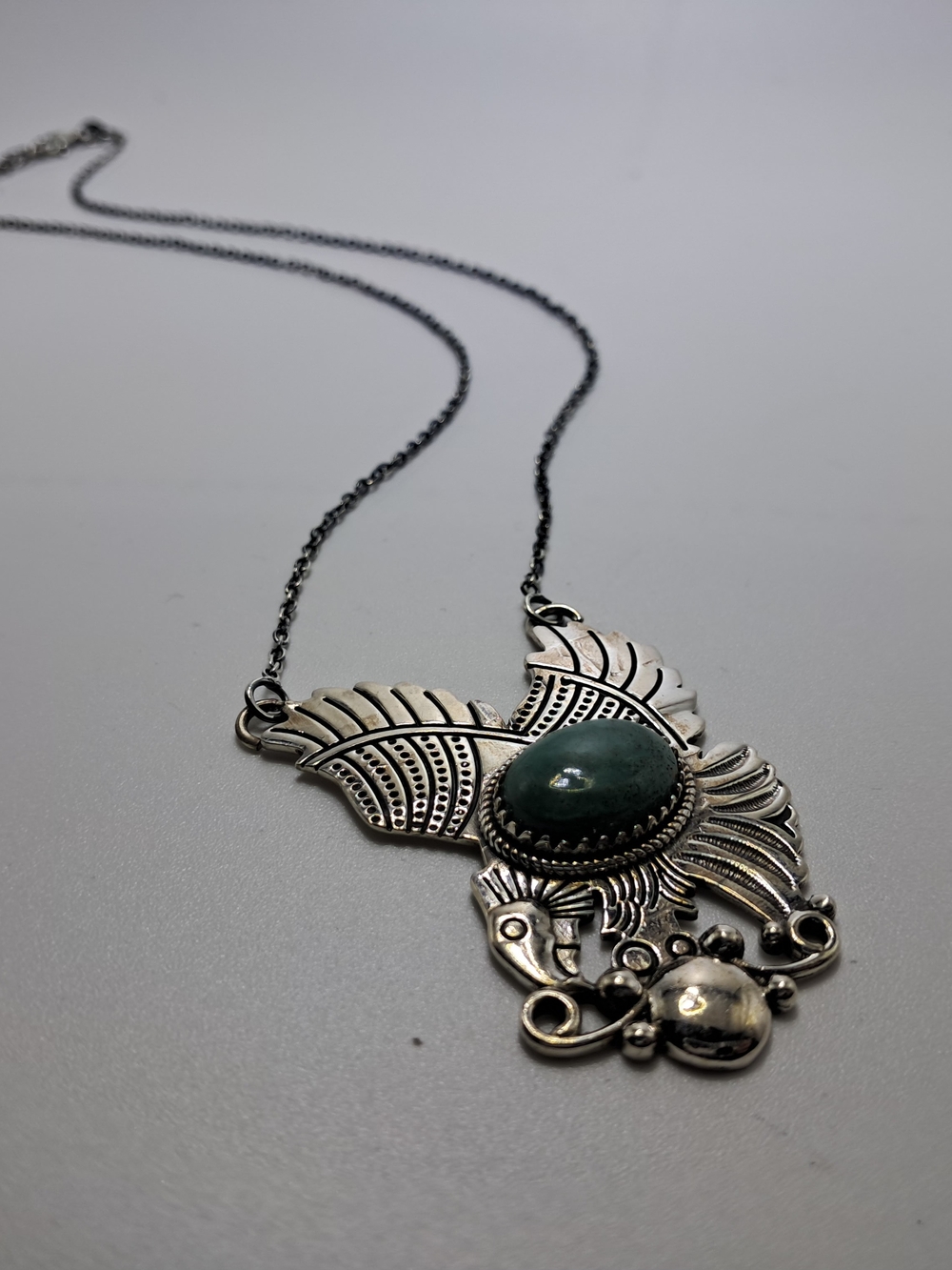 Vintage 925 Sterling Silver Green Malachite Thunderbird Pendant Necklace